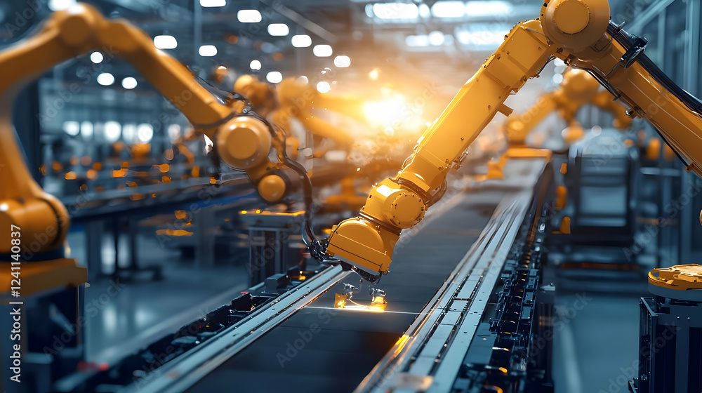 Poster automated robotic arms working on a production line in a modern factory setting