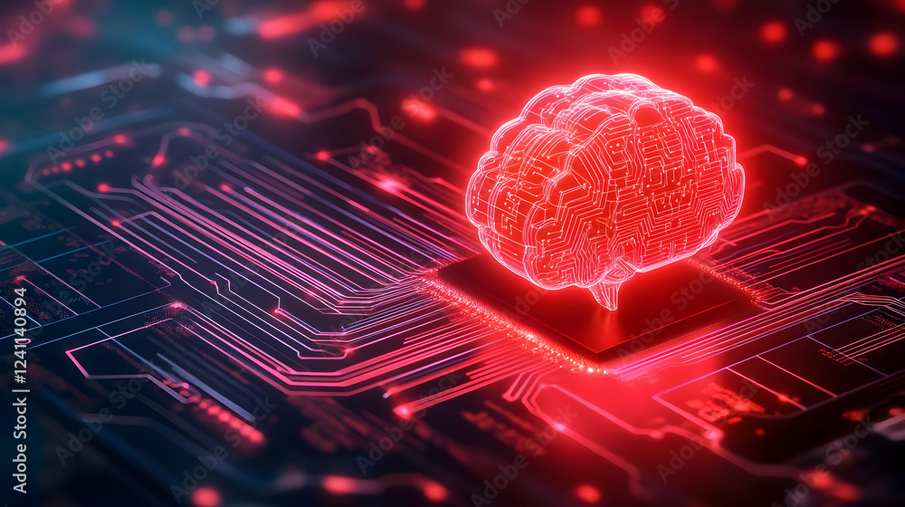 Poster a vibrant digital brain design on a circuit board representing ai and technology innovation.