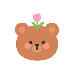 Korean Style Bear Head Cartoon with Pink Tulip on Head