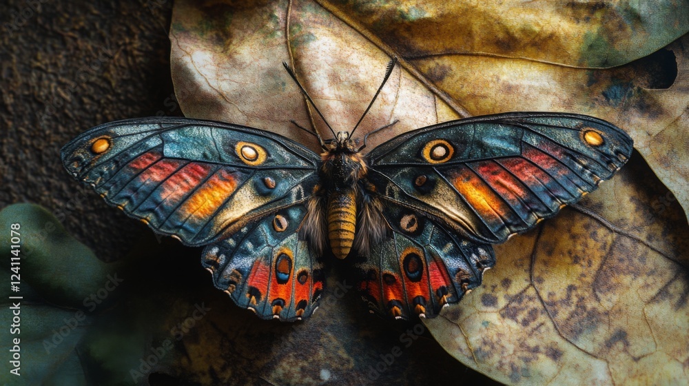 Poster A macro shot of a butterfly resting on a leaf, with intricate wing patterns and vivid colors, capturing the delicate relationship between insects and plants.