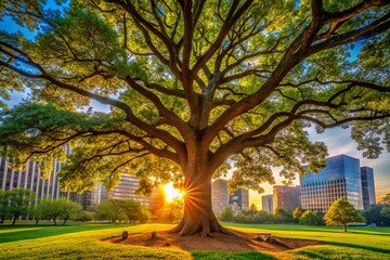 Naklejka premium Majestic Oak Tree in Tranquil City Park - Architectural Photography