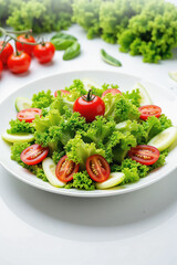 Fresh and Colorful Salad with Crisp Lettuce, Cherry Tomatoes, and Cucumber Slices on a Ceramic Plate Healthy Vegan Meal with Natural Lighting, Perfect for a Nutritious Diet and Food Photography Inspir
