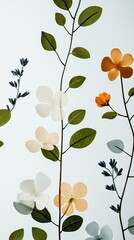 Elegant Abstract soft focus garden inspired by flowing pastel shades of peach blossoms mint leaves and lavender buds over a glowing white background 