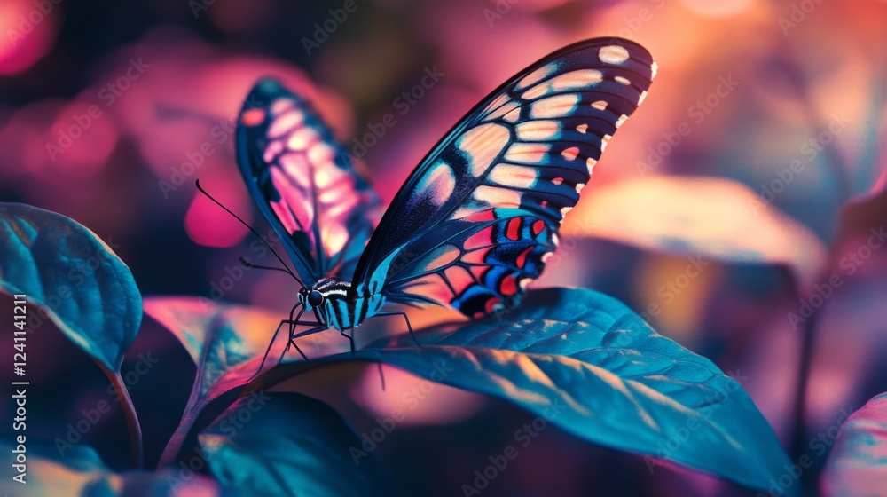 Poster A macro shot of a butterfly resting on a leaf, with intricate wing patterns and vivid colors, capturing the delicate relationship between insects and plants.