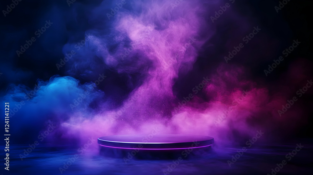 Poster a vibrant display of colorful smoke swirling around a circular pedestal in a dark setting, creating 