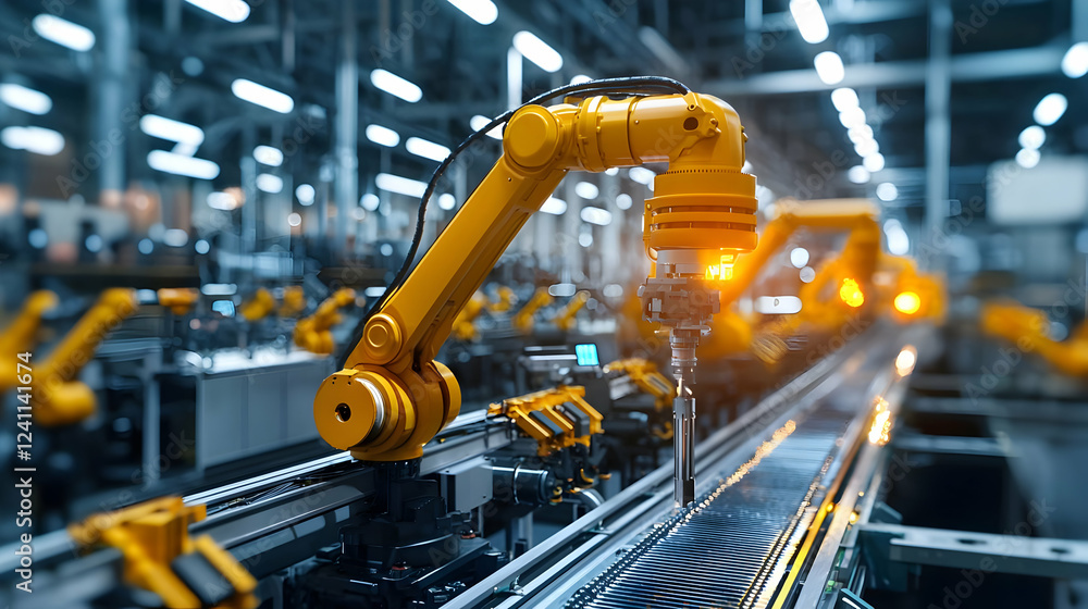 Poster industrial robotic arm working on assembly line in modern factory setting