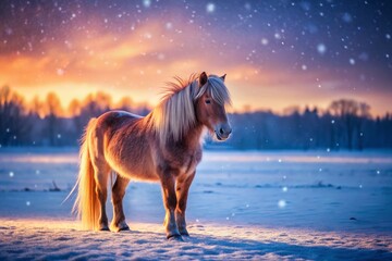 Majestic Pony in Winter Wonderland: Low-Light Snow Scene Stock Photo