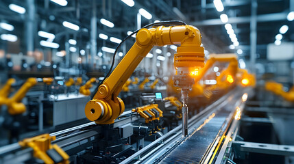 Industrial robotic arm working on assembly line in modern factory setting