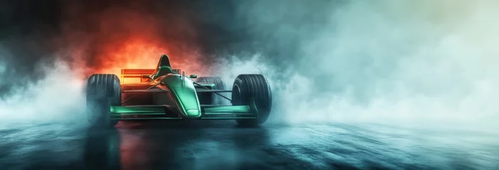Fototapete Rund Green Formula 1 race car against dramatic, smoky setting with fiery red accents, capturing the intensity of motorsport competition. © master1305