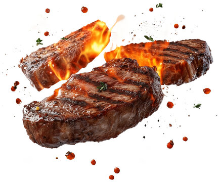 Grill Pork Chops Beef steaks, realistic 3d brisket flying in the air, grilled meat collection, ultra realistic, icon, detailed, angle view food photo, steak composition, transparent background.