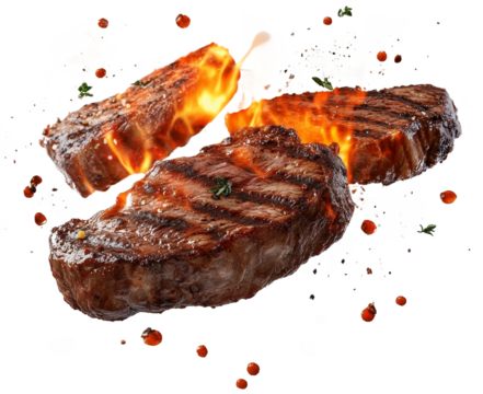 Grill Pork Chops Beef steaks, realistic 3d brisket flying in the air, grilled meat collection, ultra realistic, icon, detailed, angle view food photo, steak composition, transparent background.