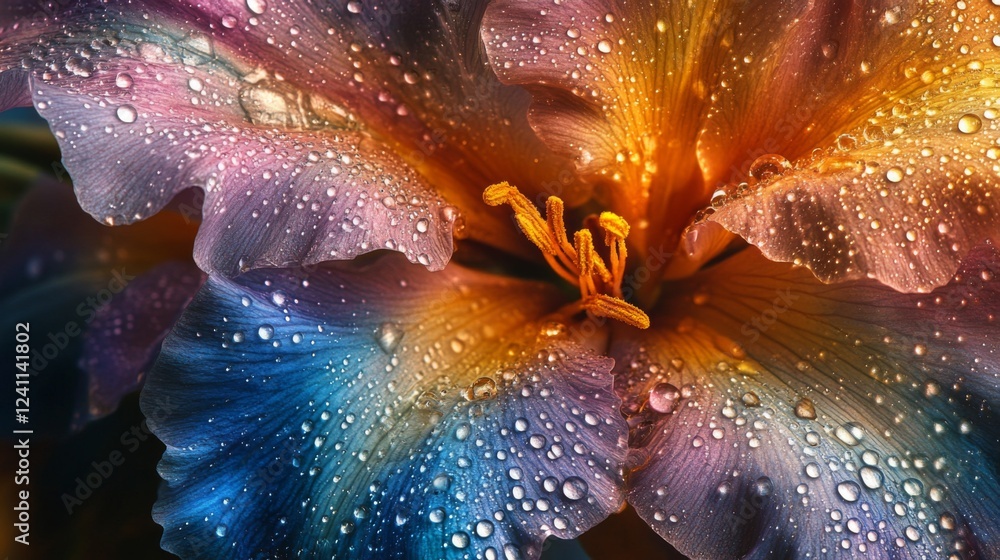 Aufkleber A macro shot of a colorful flower with drops of dew, highlighting the contrast between the vibrant colors and the transparent droplets, evoking a sense of freshness.