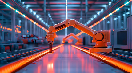 Fototapeta premium Robotic Arm Engaging in Precision Manufacturing in a High-Tech Factory