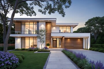 Modern luxury home exterior design with wooden accents and landscaping roof gray blue house villa