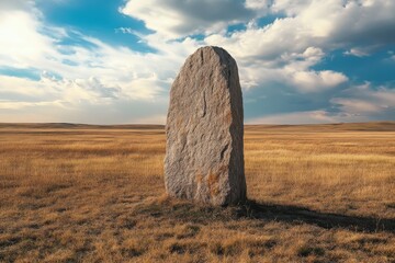Ancient standing stone under a dramatic cloudy sky
