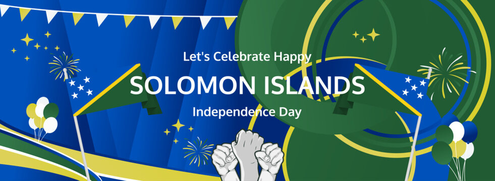 Happy independence day Solomon Islands. Long poster national day Solomon Islands in flag colors. Holiday banner illustration for July 7 celebration invitation party, greeting card and sale