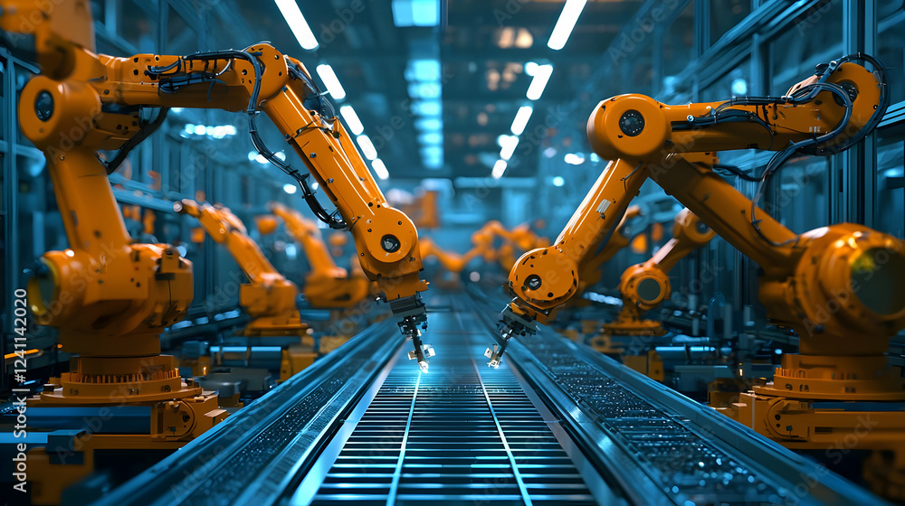 Aufkleber industrial robots working collaboratively on an assembly line in a modern factory