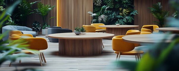 A modern virtual background of a meeting area with round tables comfortable chairs and natural wood accents