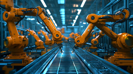 Industrial robots working collaboratively on an assembly line in a modern factory