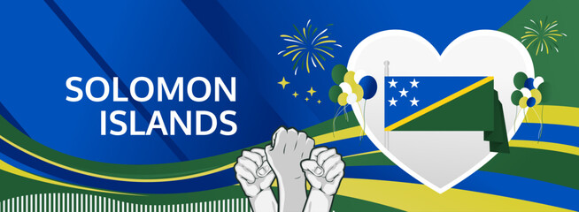 Fototapeta premium Happy independence day Solomon Islands. Long poster national day Solomon Islands in flag colors. Holiday banner illustration for July 7 celebration invitation party, greeting card and sale