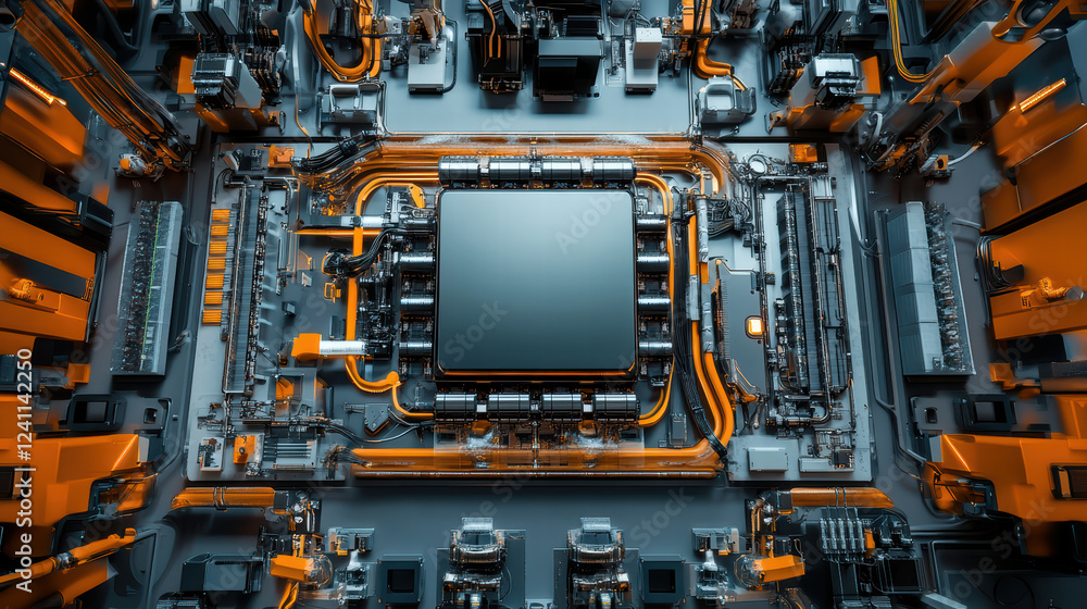 Poster high tech circuit board with intricate components and orange wiring, showcasing advanced technology 
