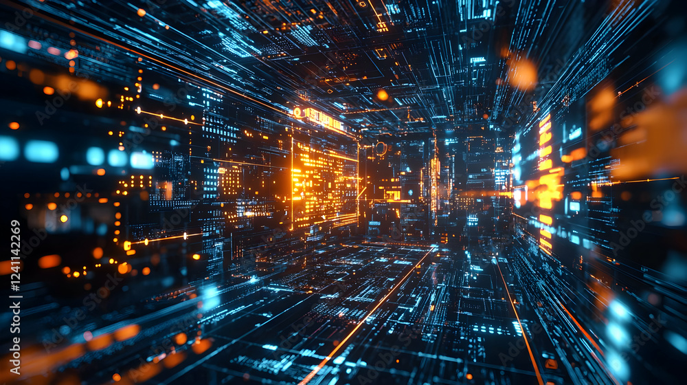 Poster abstract digital tunnel with glowing lights and data streams in motion