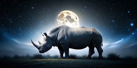 Majestic White Rhino Silhouette Against Night Sky: African Wildlife Night Photography