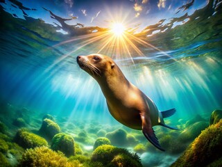 Obraz premium Majestic Sea Lion Underwater Double Exposure: Ocean Wildlife Stock Photo