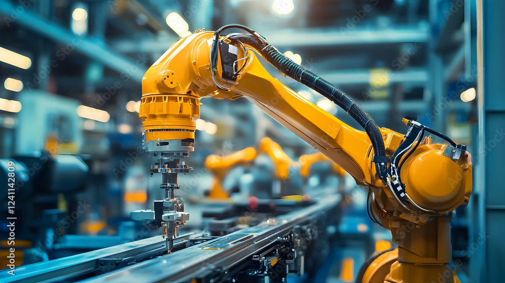 Poster industrial robotic arm assembling components in a modern factory setting