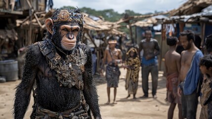 A playful moment where the prince disguised as a monkey in a bustling marketplace capturing lively human interactions