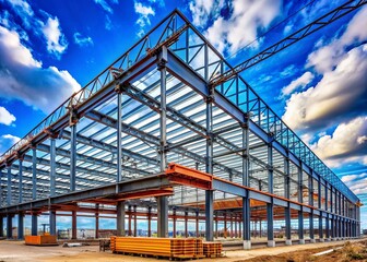 Massive Industrial Building Under Construction: Metal Roof & Framework