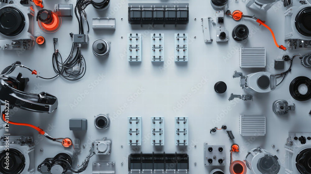 Poster high tech robot assembly line with electric car battery components, showcasing advanced manufacturin