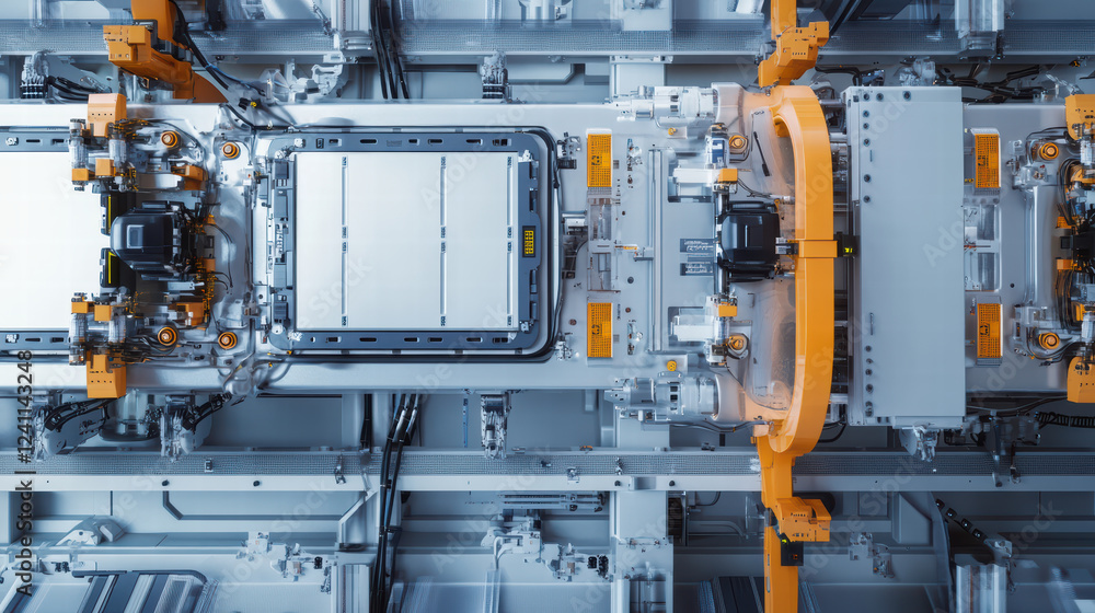 Poster automated assembly line featuring robotic arms and electric car battery cells, showcasing advanced m