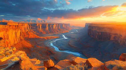 Fototapeta premium Majestic sunset over a canyon with winding river in a vast desert landscape