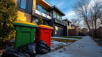 Residential Curbside Waste Collection on a Sunny Winter Day
