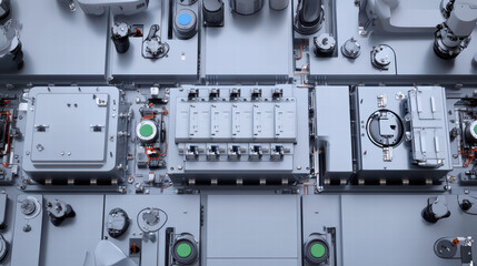 Obraz premium High tech assembly line featuring electric car battery components, showcasing intricate designs and modern engineering. image captures essence of innovation in automotive technology