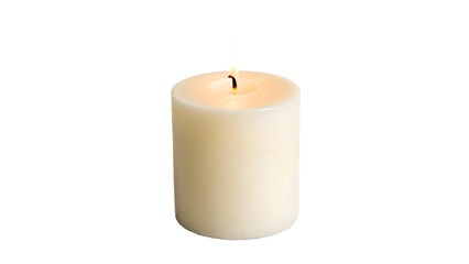 A bright, yellow flame flickers atop a white candle, casting a warm glow in the dark