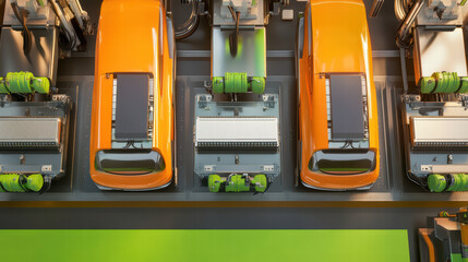 Fototapeta premium Electric car assembly line with battery cells and machinery