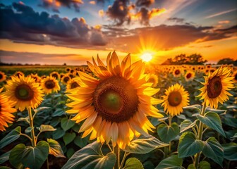 Obraz premium Majestic Sunflowers at Dusk: Low Light Field Photography