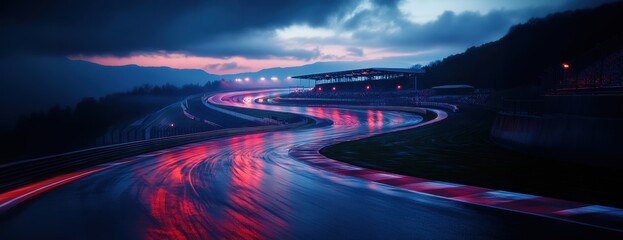 Winding Formula 1 racetrack at dusk, illuminated by soft ambient lighting and glowing red track markers.
