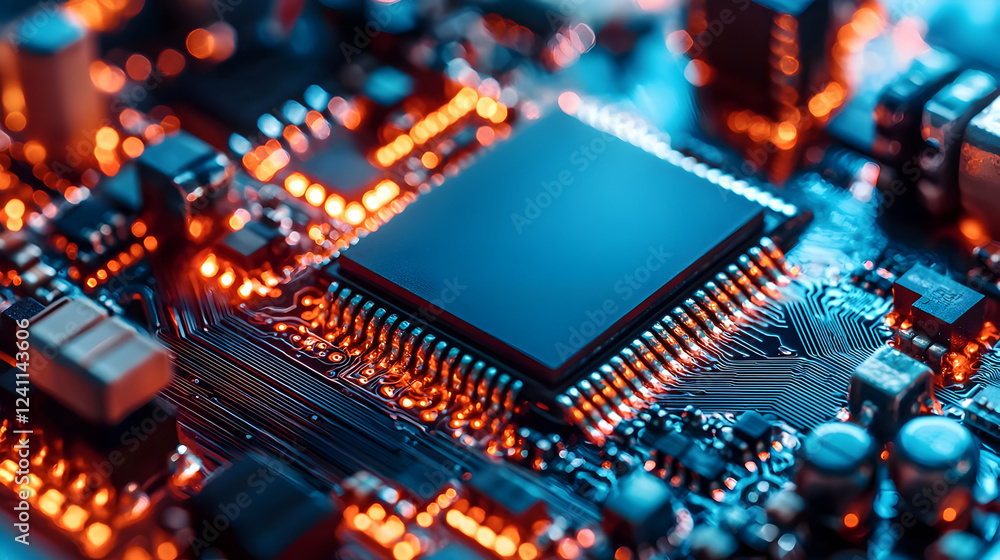 Poster close-up of a vibrant microchip with glowing circuitry in a tech environment (1)