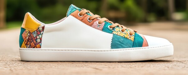 DIY Fashion Trends Recycling Eco-Friendly Ideas. A stylish sneaker featuring colorful patchwork designs, perfect for casual wear and adding a pop of personality to any outfit.