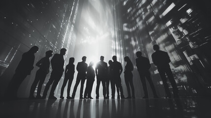 Group of business people silhouettes in modern office building and business network concept. Human resources with pastel innovation charts and graphs with statistics to analyze business