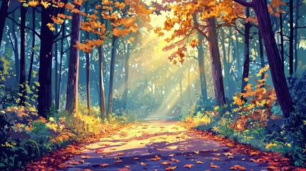 A peaceful forest path covered in fallen autumn leaves, with mist drifting through the air and sunlight dappling the ground, pop art style, vivid and striking color contrasts