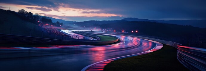 Winding Formula 1 racetrack at dusk, illuminated by soft ambient lighting and glowing red track markers.