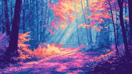 Fototapeta premium A peaceful forest path covered in fallen autumn leaves, with mist drifting through the air and sunlight dappling the ground, pop art style, vivid and striking color contrasts