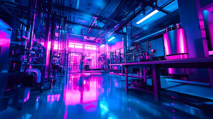 Fototapeta premium High-tech industrial facility with vibrant neon lights and machinery