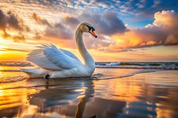 Fototapeta premium Majestic Swan on Baltic Sea Coastline - Elegant Wildlife Portrait