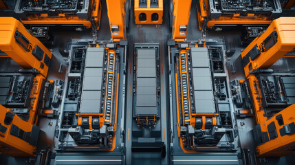 Fototapeta premium High tech robot assembly line featuring electric car battery cells, showcasing advanced manufacturing processes and automation in automotive industry