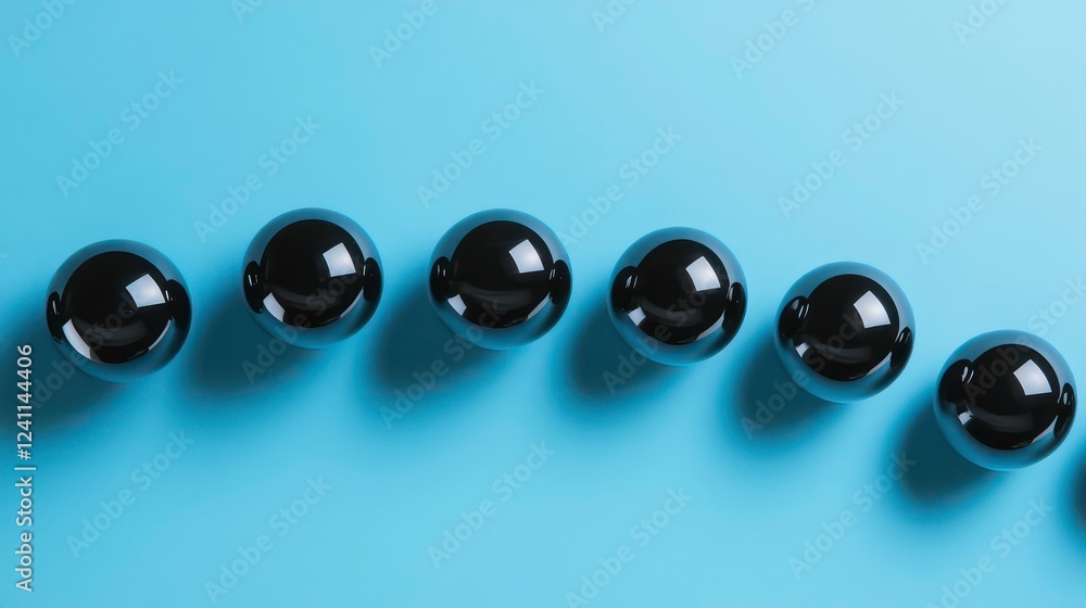 Poster a series of glossy black spheres arranged in a curved line against a blue background, creating a mod